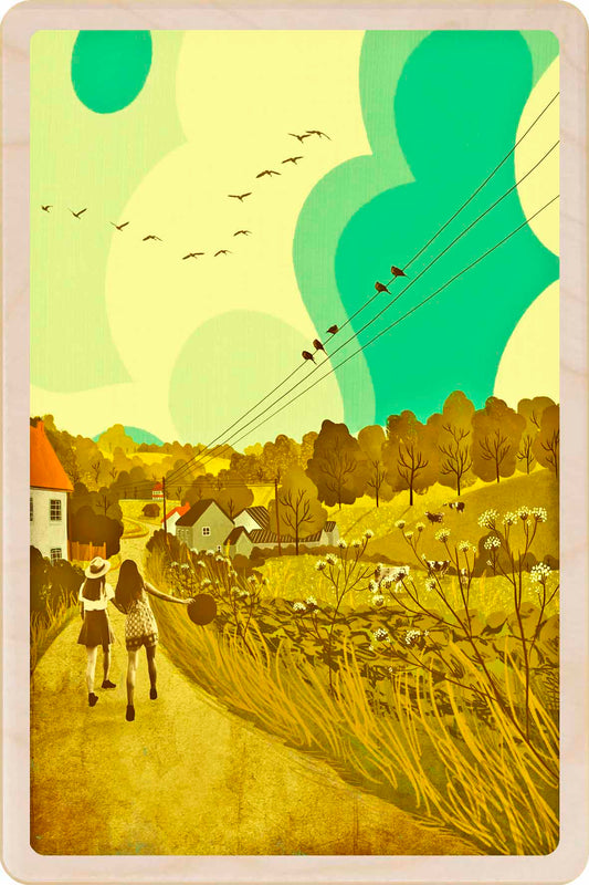 Priddy Mendips, Somerset Wooden Postcard,&nbsp;illustration by Emy Lou Holmes, printed in Suffolk on sustainably sourced wood. A lasting eco-friendly card you can send, gift, or display.