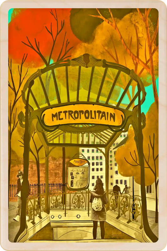 Paris Metro. Paris Wooden Postcard. Original art by Emy Lou Holmes. Eco-friendly card you can send, gift, or display. The Wooden Postcard Company