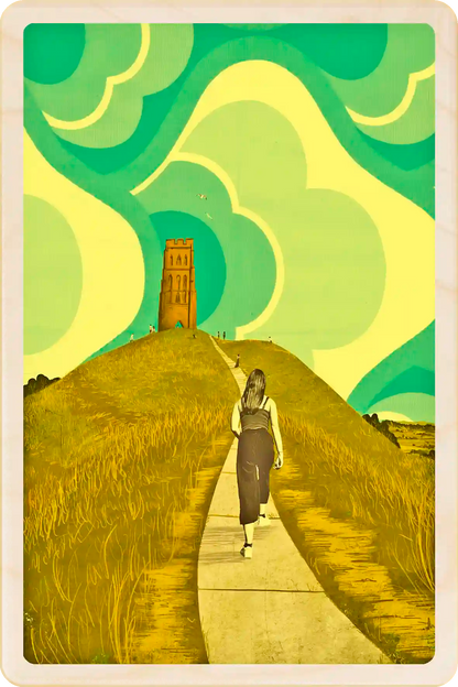 Glastonbury, Somerset, wooden postcard, illustration by Emy Lou Holmes. Eco-friendly card you can send, gift, keep and display.
