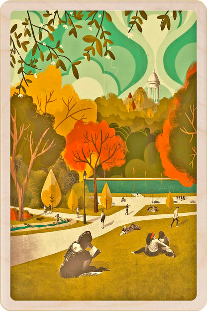Park in Autumn - Sustainable card - Wooden Postcard

Illustration by Emy Lou Holmes, printed in Suffolk on sustainably sourced wood. Eco-friendly card to send, gift and display. A colorful postcard featuring an original illustration of a park scene in autumn, with trees, benches, and people.