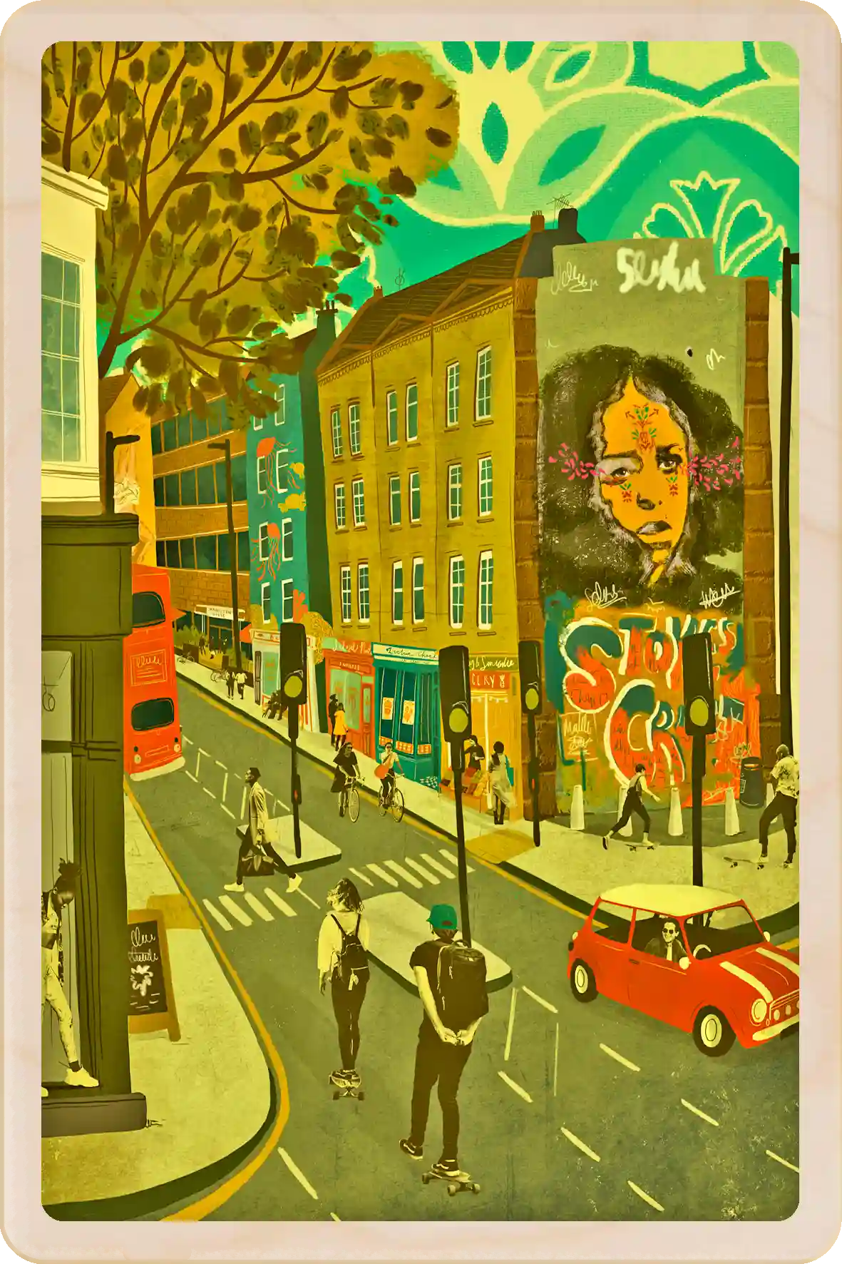Stokes Croft, Bristol Wooden Postcard, illustration by Emy Lou Holmes, printed in Suffolk on sustainably sourced wood. Eco-friendly card you can send, gift, or display. The Wooden Postcard Company