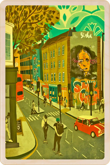 Stokes Croft, Bristol Wooden Postcard, illustration by Emy Lou Holmes, printed in Suffolk on sustainably sourced wood. Eco-friendly card you can send, gift, or display. The Wooden Postcard Company