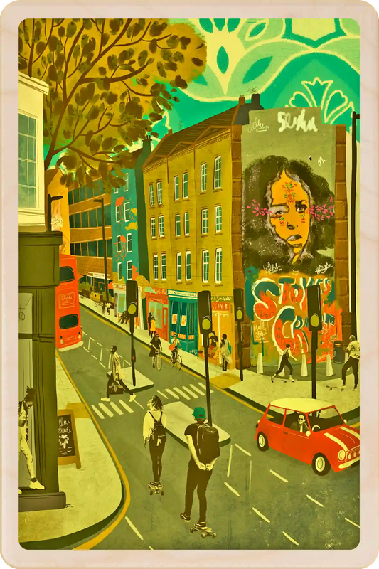 Stokes Croft, Bristol Wooden Postcard, illustration by Emy Lou Holmes, printed in Suffolk on sustainably sourced wood. Eco-friendly card you can send, gift, or display. The Wooden Postcard Company