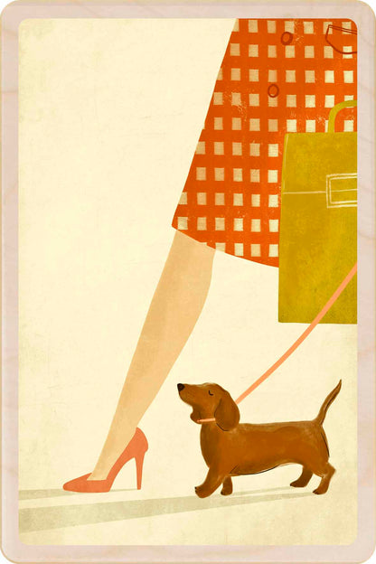 Dachshund - Dog Wooden Postcard, illustration by Emy Lou Holmes, printed in Suffolk on sustainably sourced wood. Eco-friendly card you can send, gift, or display.