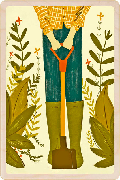 A wooden postcard featuring an illustration of a person gardening, with various plants. Gardener - Sustainable Card - Wooden postcard

Illustration by Emy Lou Holmes, printed in Suffolk on sustainably sourced wood. Eco-friendly card to send, gift and display.