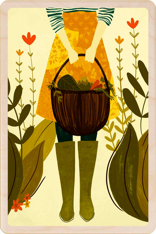 A wooden postcard featuring an illustration of a woman with a basket of flowers, surrounded by foliage and flowers, wearing green boots. Gardener - Sustainable Card - Wooden postcard

Illustration by Emy Lou Holmes, printed in Suffolk on sustainably sourced wood. Eco-friendly card to send, gift and display.