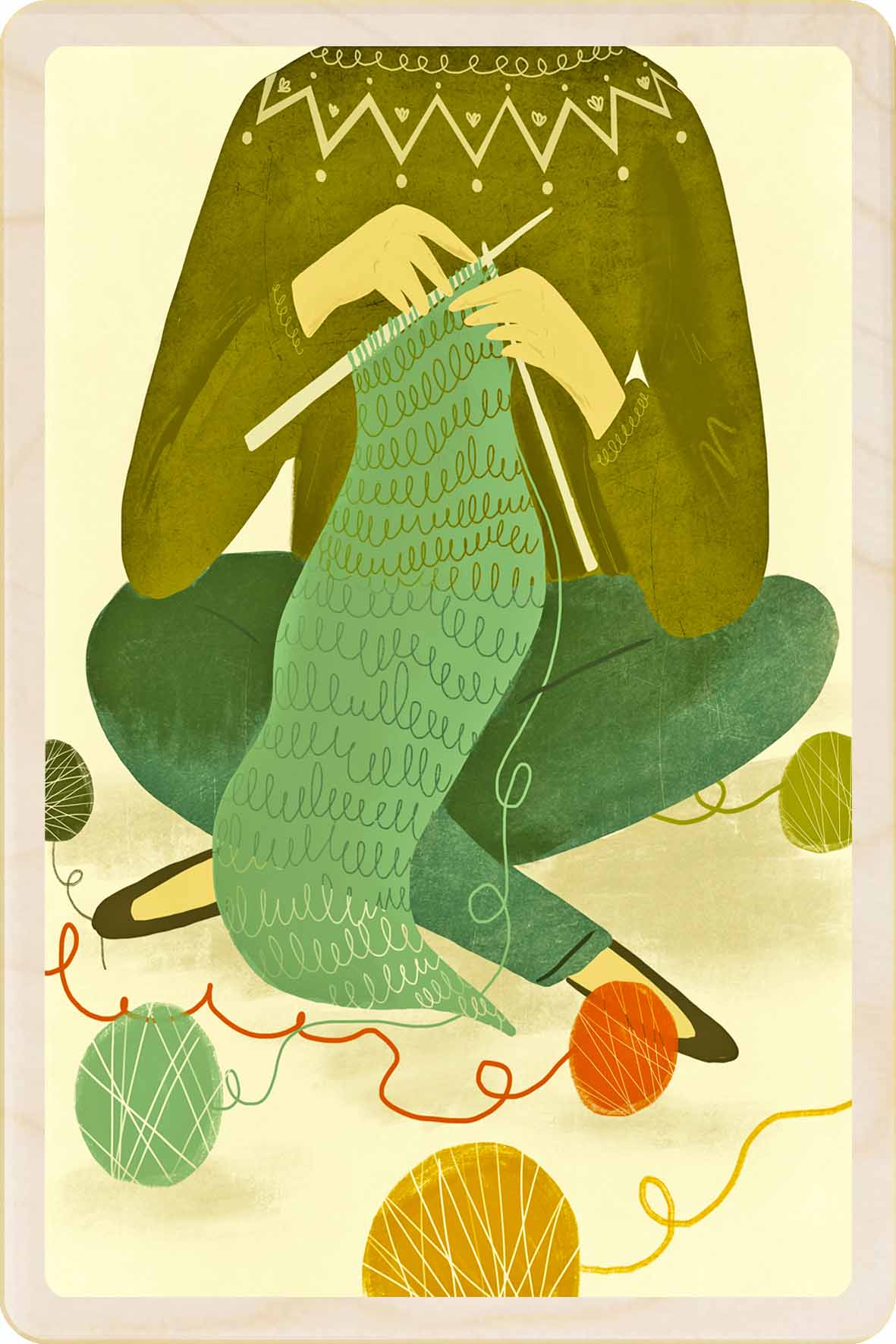 Illustrated wooden postcard depicting a scene with a person knitting, featuring yarn balls, needles, and a cozy setting. Knitting - Sustainable Card - Wooden postcard

Illustration by Emy Lou Holmes, printed in Suffolk on sustainably sourced wood. Eco-friendly card to send, gift and display.
