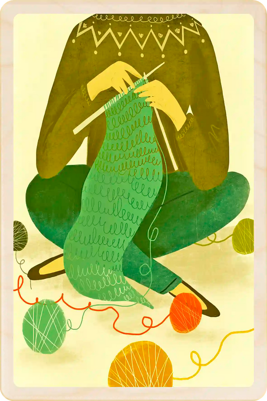 Knitting, Wooden Postcard. Original art by Emy Lou Holmes. Eco-friendly card you can send, gift, or display. The Wooden Postcard Company.