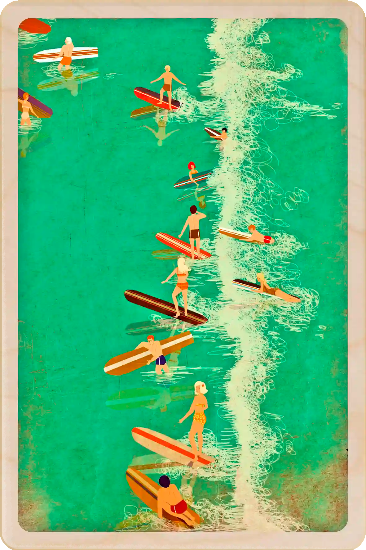 Surf - Wooden Postcard, illustration by Emy Lou Holmes, Eco-friendly card you can send, gift, or display. The Wooden Postcard Company