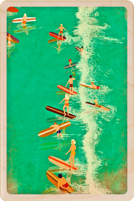 Surf - Wooden Postcard, illustration by Emy Lou Holmes, Eco-friendly card you can send, gift, or display. The Wooden Postcard Company