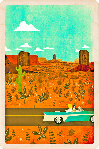 An illustrated wooden postcard depicting a landscape with a road and rock formations in the background, a car driving on the road, and a clear sky with clouds. Monument Valley – Eco-friendly Card - Wooden Postcard

Write on the back with any pen and post worldwide with a standard stamp. A smart, eco-friendly card and gift.