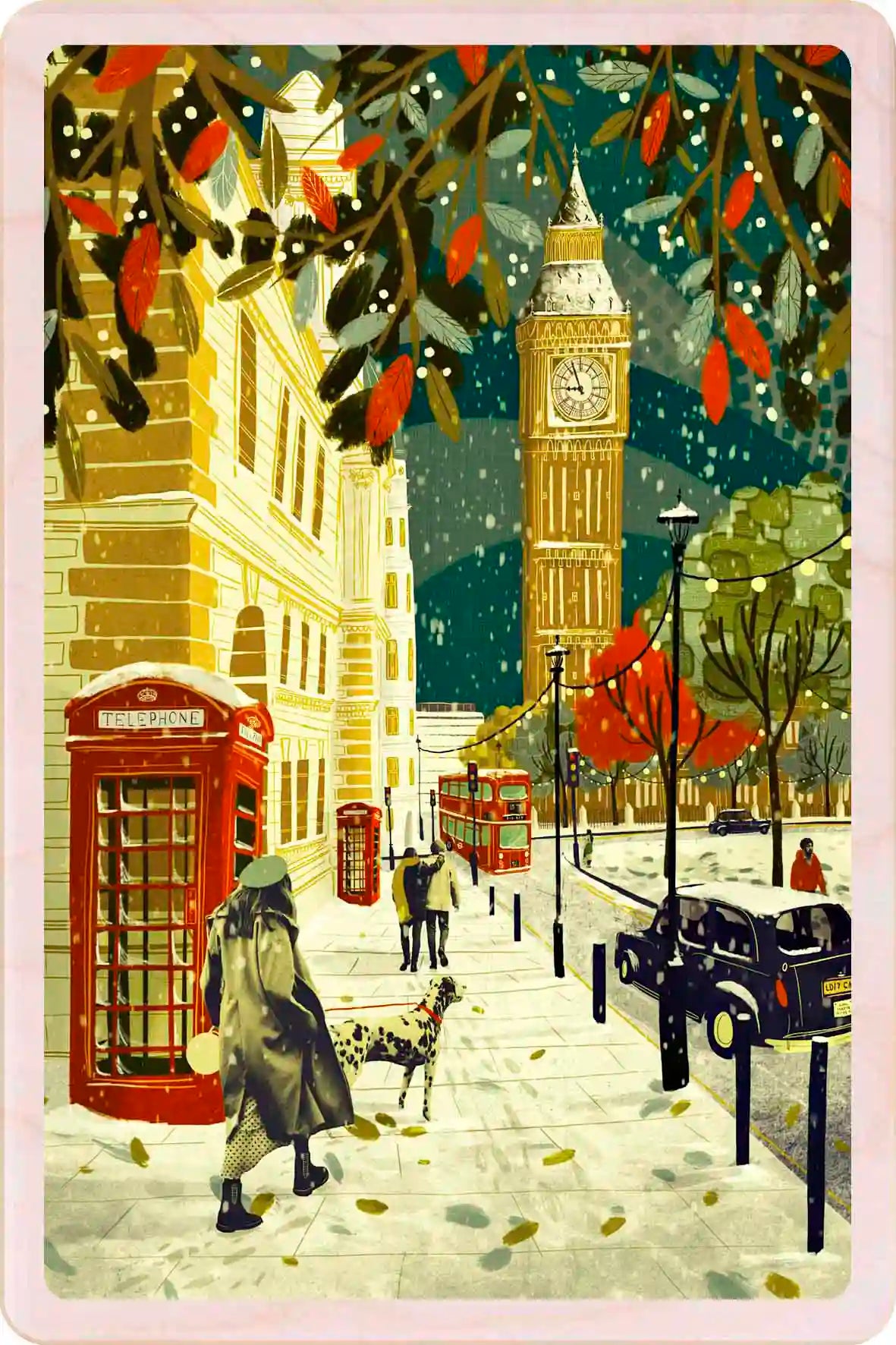 Big Ben at Christmas, London in the snow, wooden Christmas card by Emy Lou Holmes. The Wooden Postcard Company