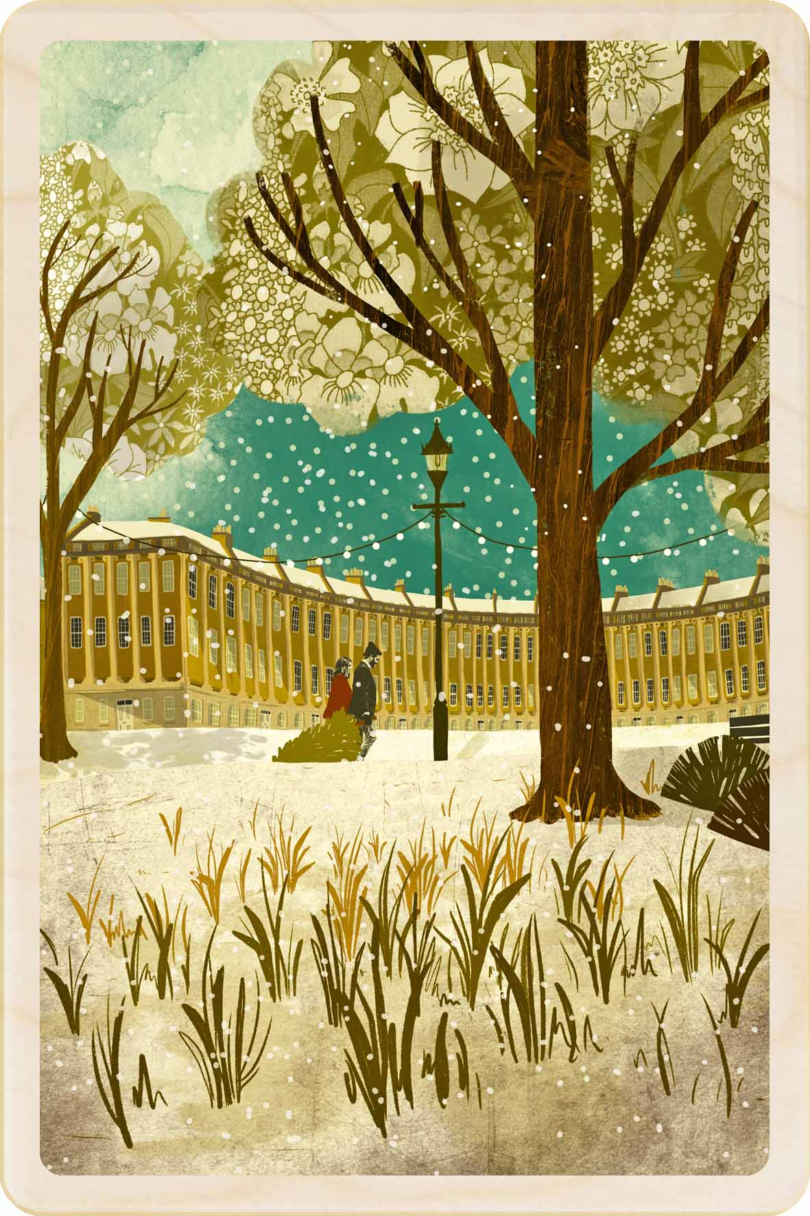 Royal Crescent, Bath, Somerset Wooden Postcard, illustration by Emy Lou Holmes, printed in Suffolk on sustainably sourced wood. Eco-friendly card you can send, gift, or display.