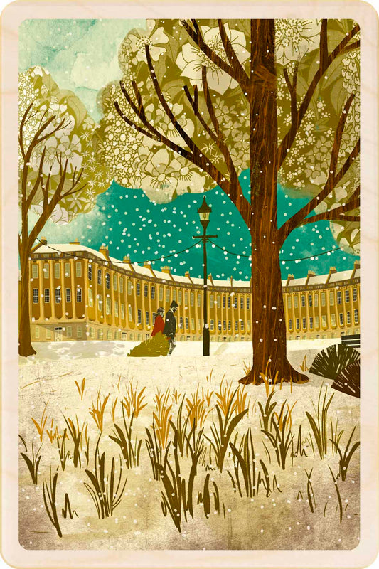 Royal Crescent, Bath, Somerset Wooden Postcard, illustration by Emy Lou Holmes, printed in Suffolk on sustainably sourced wood. Eco-friendly card you can send, gift, or display.