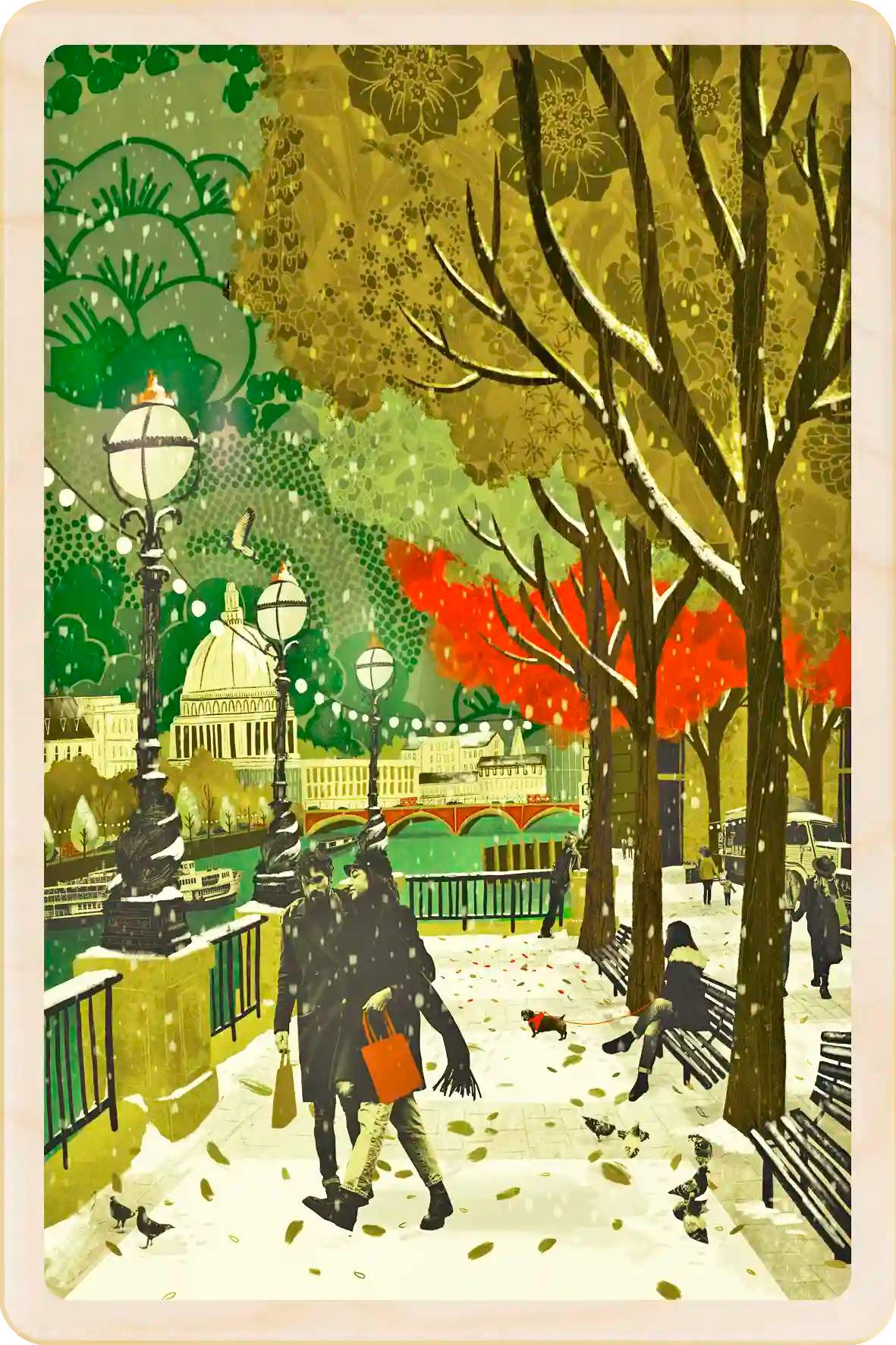 London Christmas, London Christmas Wooden Postcard. ©Emy Lou Holmes, printed on sustainable wood. Send, tuck into a stocking, and keep and display.