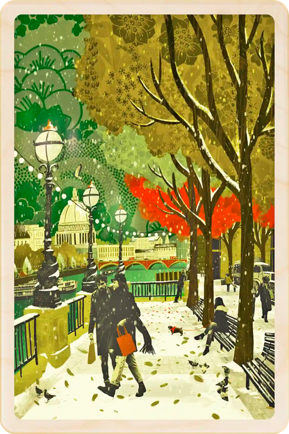 London Christmas, London Christmas Wooden Postcard. ©Emy Lou Holmes, printed on sustainable wood. Send, tuck into a stocking, and keep and display.