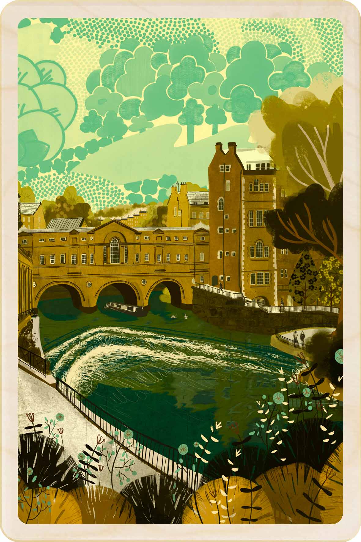 Pulteney Bridge, Bath, Somerset Wooden Postcard, illustration by Emy Lou Holmes, printed in Suffolk on sustainably sourced wood. Eco-friendly card you can send, gift, or display.