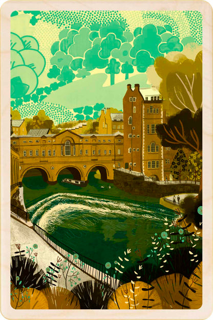 Pulteney Bridge, Bath, Somerset Wooden Postcard, illustration by Emy Lou Holmes, printed in Suffolk on sustainably sourced wood. Eco-friendly card you can send, gift, or display.