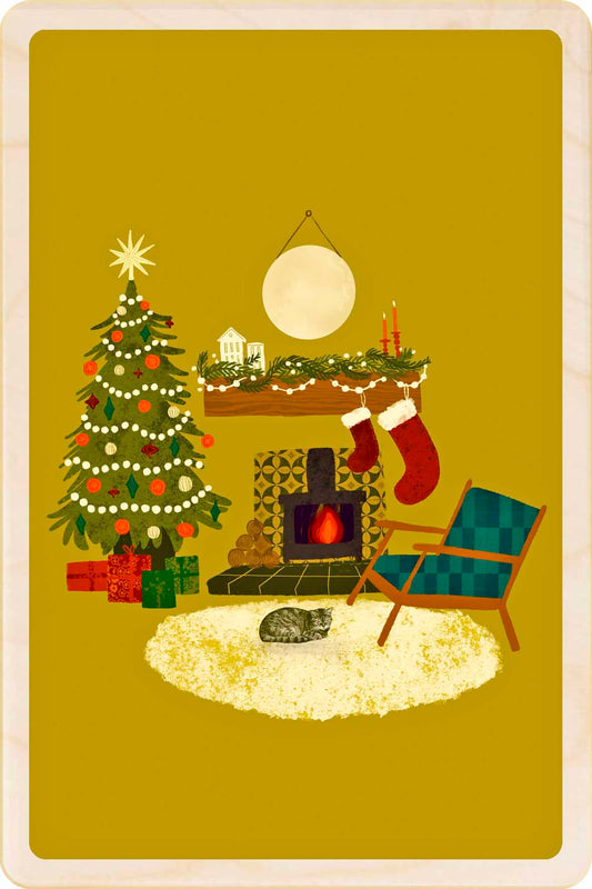 Illustration of a cozy living room with a Christmas tree, fireplace, and stockings. Christmas Fireplace - Christmas Card – Wooden Postcard

Original Christmas illustration ©Emy Lou Holmes, printed on sustainable wood. A beautiful card to send, display, or tuck into a stocking.