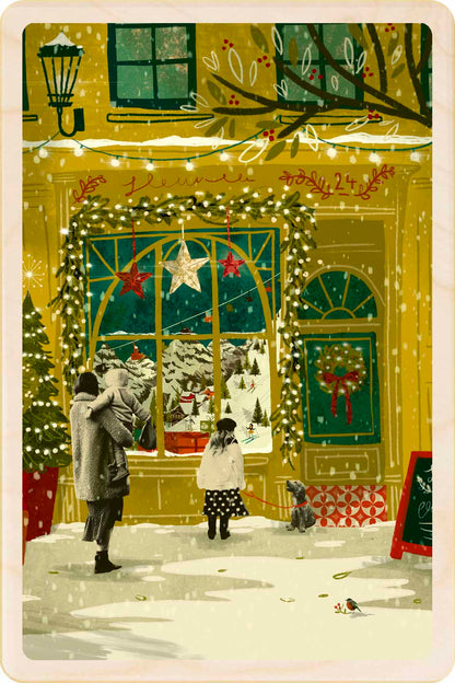 Christmas Shop Window, people at a decorated shop window, wooden Christmas card by Emy Lou Holmes. The Wooden Postcard Company