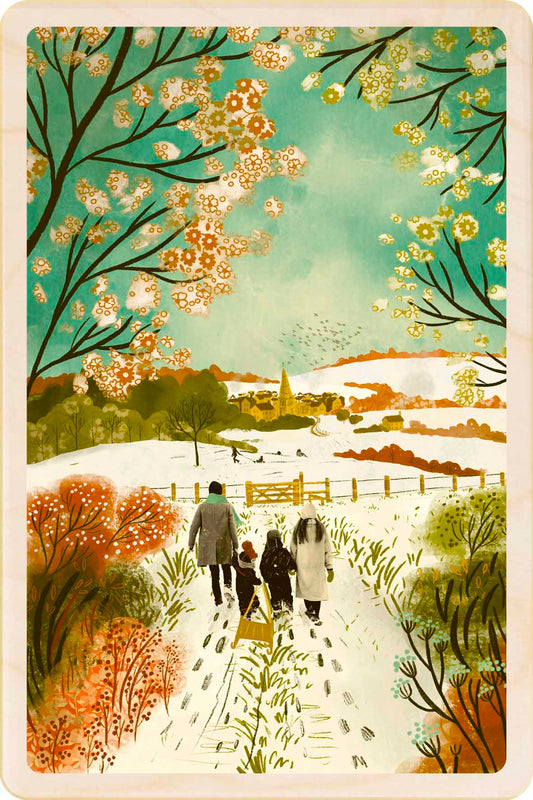 Winter scene with people walking on a path, surrounded by trees and a snowy landscape. Christmas Day Walk - Christmas Card – Wooden Postcard

Original Christmas illustration ©Emy Lou Holmes, printed on sustainable wood. A beautiful card to send, display, or tuck into a stocking.