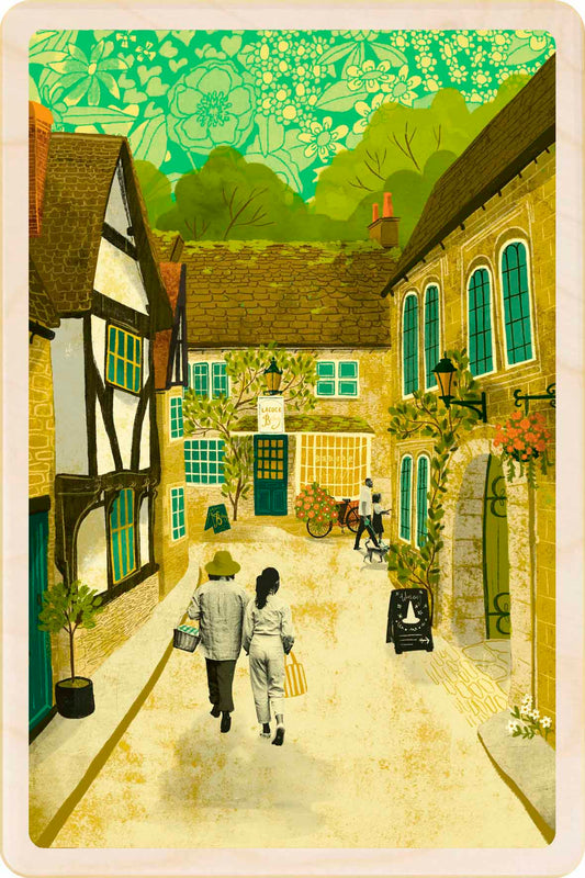 Lalock, Wiltshire Wooden Postcard, illustration by Emy Lou Holmes, printed in Suffolk on sustainably sourced wood. Eco-friendly card you can send, gift, or display.