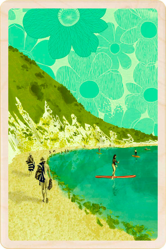 Lulworth Cove, Dorset Wooden Postcard, illustration by Emy Lou Holmes, printed in Suffolk on sustainably sourced wood. Eco-friendly card you can send, gift, or display.