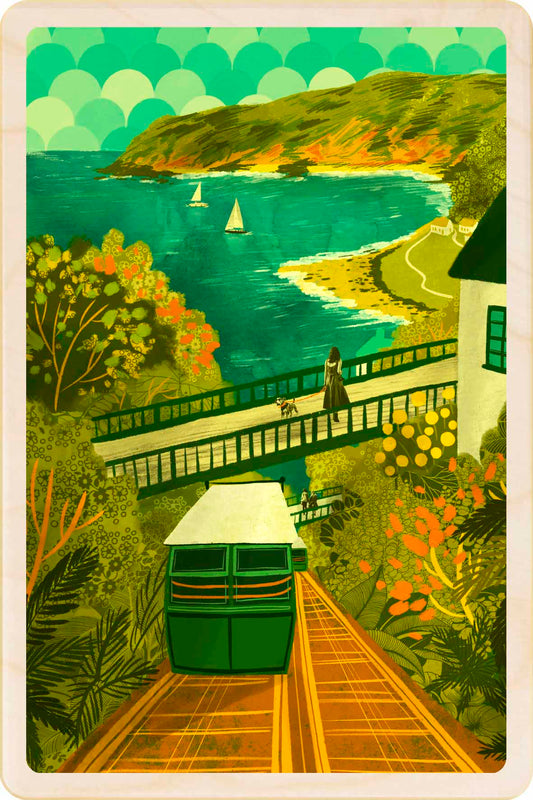 Lynmouth, Devon Wooden Postcard, illustration by Emy Lou Holmes, printed in Suffolk on sustainably sourced wood. Eco-friendly card you can send, gift, or display.