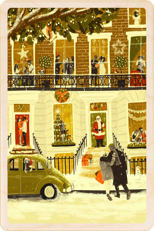 Christmas Town House - Christmas Card – Wooden Postcard

Original Christmas illustration ©Emy Lou Holmes, printed on sustainable wood. A beautiful card to send, display, or tuck into a stocking.Christmas card with a snowy street scene, people on balconies, and a couple embracing.