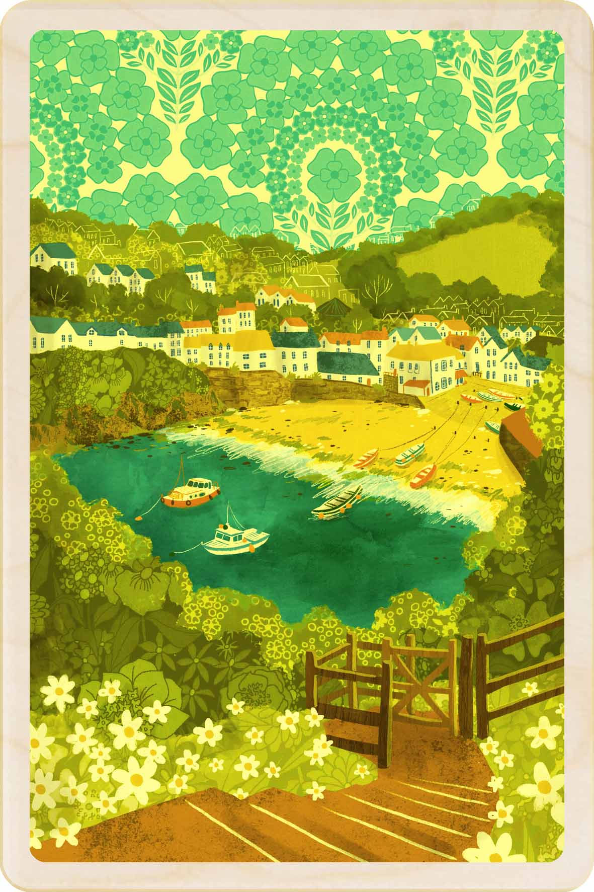 Port Isaac, Cornwall Wooden Postcard, illustration by Emy Lou Holmes, printed in Suffolk on sustainably sourced wood. Eco-friendly card you can send, gift, or display.
