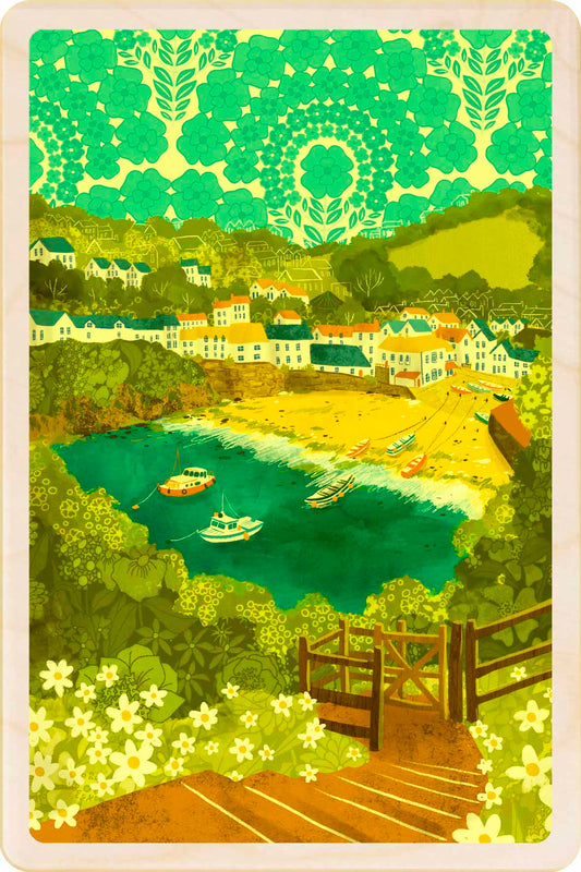 Port Isaac, Cornwall Wooden Postcard, illustration by Emy Lou Holmes, printed in Suffolk on sustainably sourced wood. Eco-friendly card you can send, gift, or display.