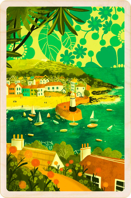 St Ives, Cornwall Wooden Postcard, illustration by Emy Lou Holmes, printed in Suffolk on sustainably sourced wood. Eco-friendly card you can send, gift, or display.