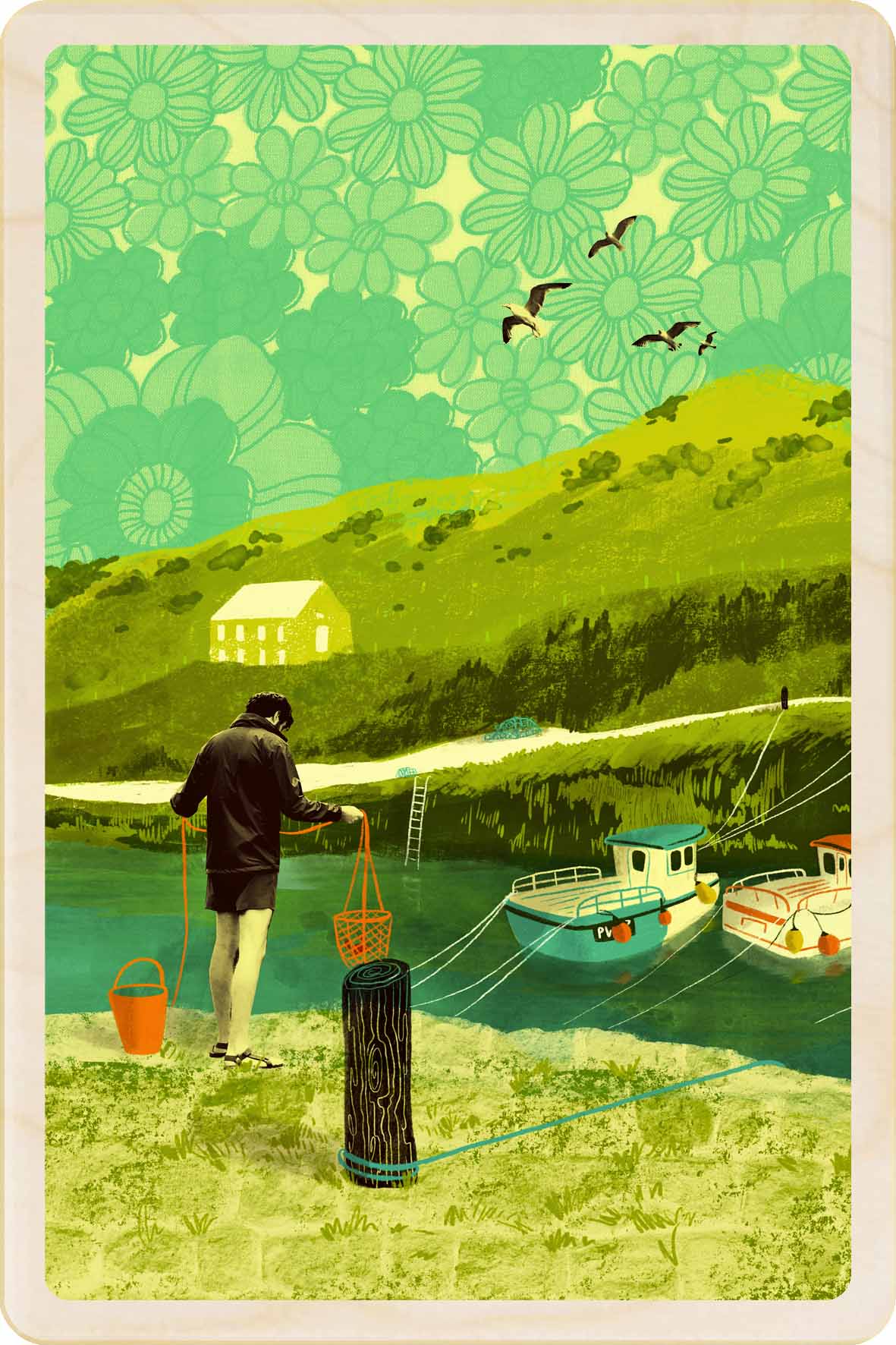 Boscastle Harbour, Cornwall Wooden Postcard, illustration by Emy Lou Holmes, printed in Suffolk on sustainably sourced wood. Eco-friendly card you can send, gift, or display.