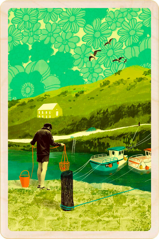 Boscastle Harbour, Cornwall Wooden Postcard, illustration by Emy Lou Holmes, printed in Suffolk on sustainably sourced wood. Eco-friendly card you can send, gift, or display.
