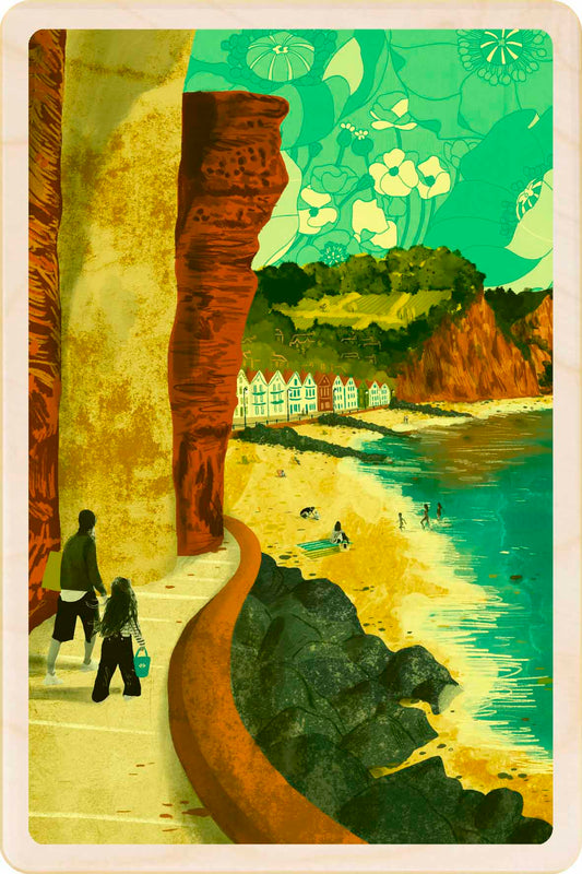 Sidmouth, Devon Wooden Postcard, illustration by Emy Lou Holmes, printed in Suffolk on sustainably sourced wood. Eco-friendly card you can send, gift, or display.