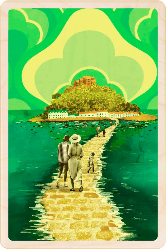 Mount St Michael, Cornwall Wooden Postcard, illustration by Emy Lou Holmes, printed in Suffolk on sustainably sourced wood. Eco-friendly card you can send, gift, or display.