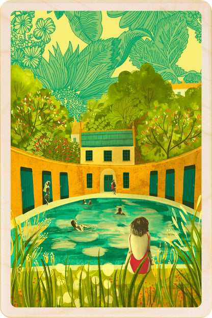 Cleveland Pool, Bath, Somerset Wooden Postcard, illustration by Emy Lou Holmes, printed in Suffolk on sustainably sourced wood. Eco-friendly card you can send, gift, or display.