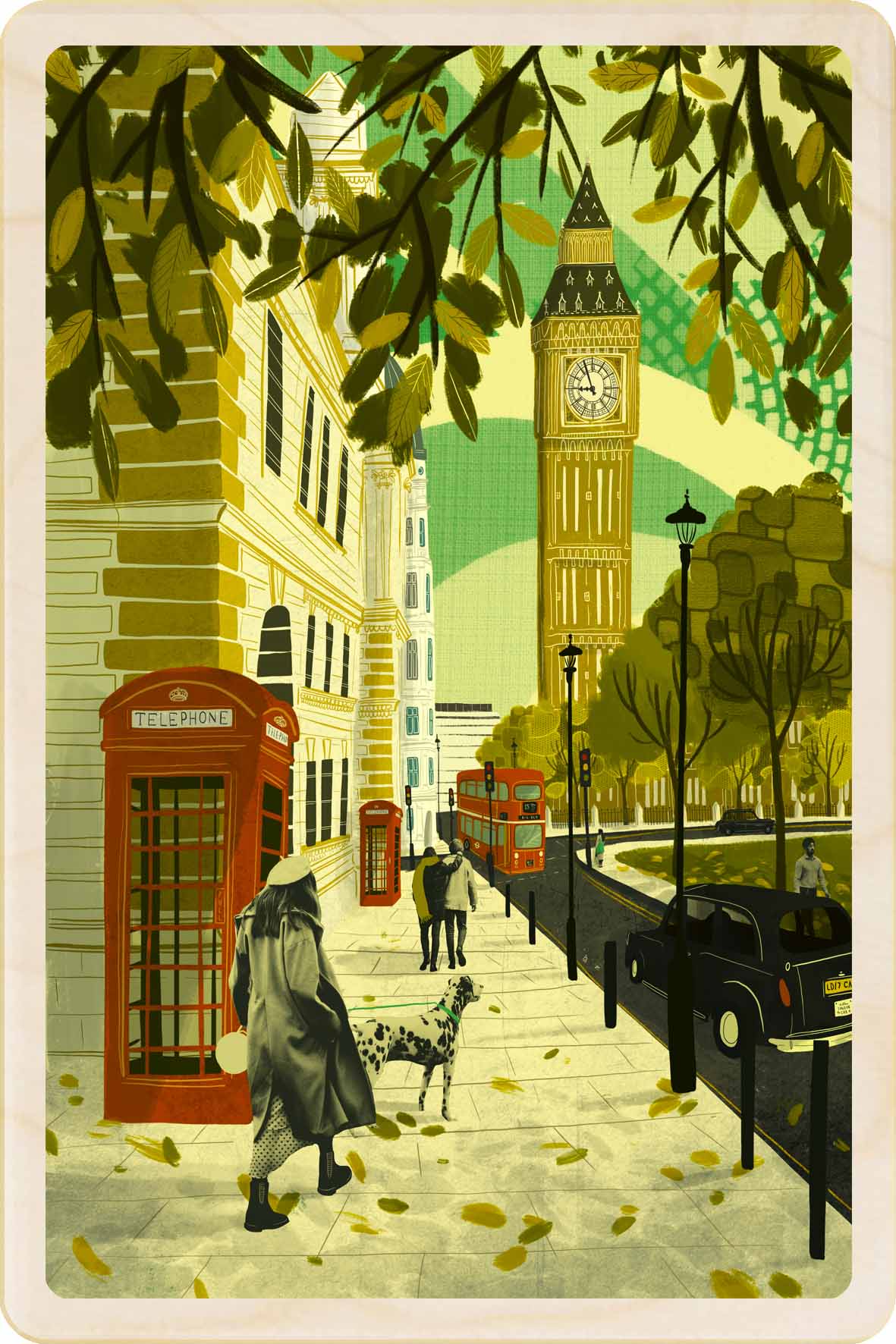 Illustration of London with Big Ben, telephone booth, and people walking. Autumn in London - Sustainable Card - Wooden postcard

London illustration by Emy Lou Holmes, printed in Suffolk on sustainably sourced wood. Eco-friendly card to send, gift and display.
