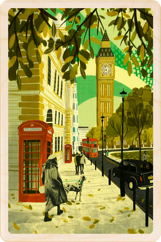 Illustration of London with Big Ben, telephone booth, and people walking. Autumn in London - Sustainable Card - Wooden postcard

London illustration by Emy Lou Holmes, printed in Suffolk on sustainably sourced wood. Eco-friendly card to send, gift and display.