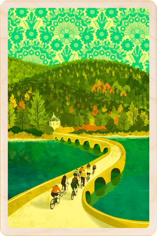 Elan Valley, Wales Wooden Postcard, illustration by Emy Lou Holmes, printed in Suffolk on sustainably sourced wood. Eco-friendly card you can send, gift, or display.