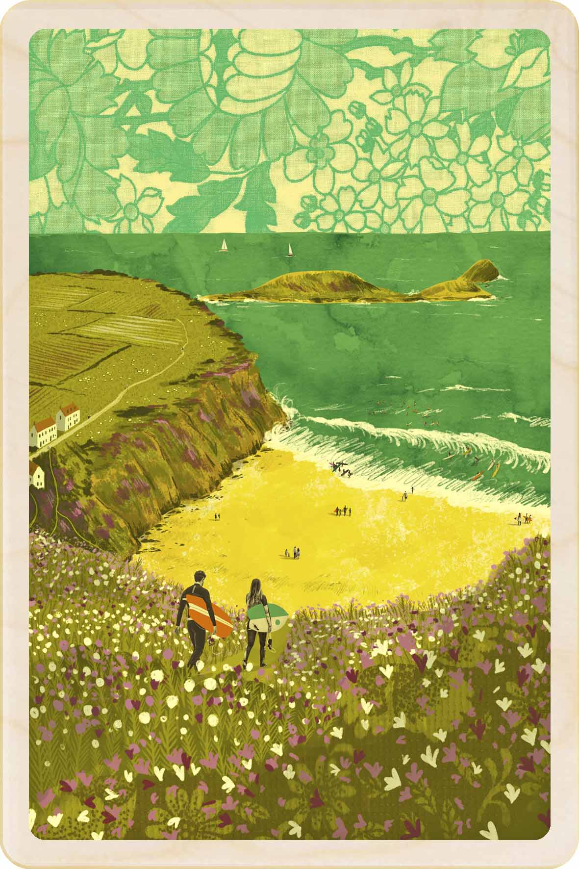 Illustration of a couple with surfboards walking through a field towards the ocean.