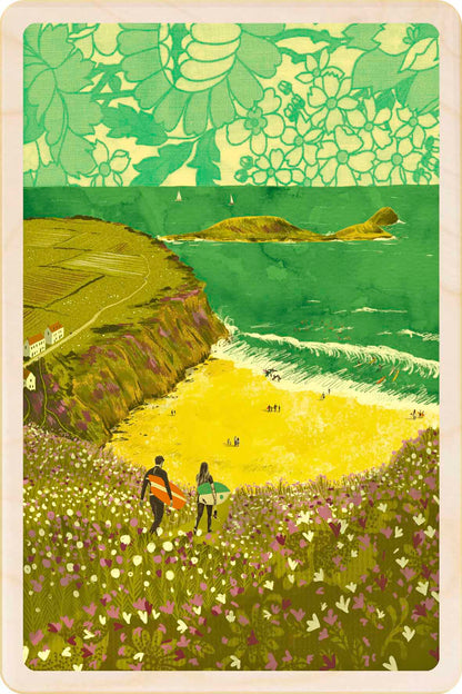 Illustration of a couple with surfboards walking through a field towards the ocean.