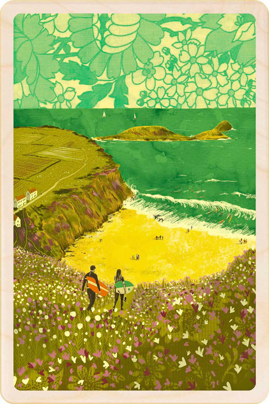 Illustration of a couple with surfboards walking through a field towards the ocean.