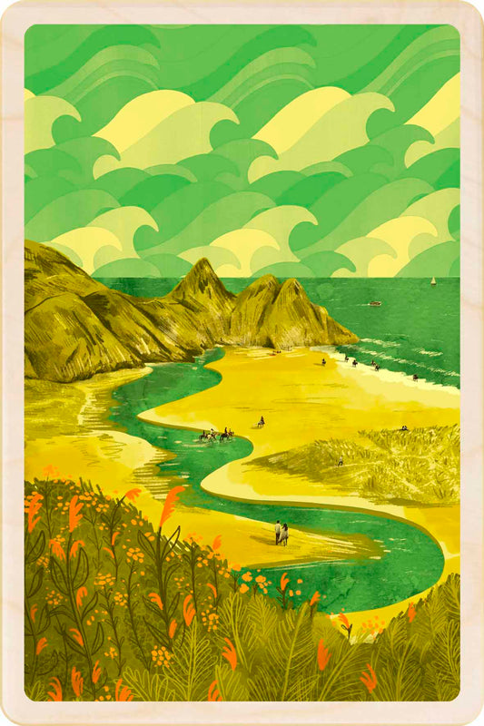 Three Cliffs, Wales Wooden Postcard, illustration by Emy Lou Holmes, printed in Suffolk on sustainably sourced wood. Eco-friendly card you can send, gift, or display.
