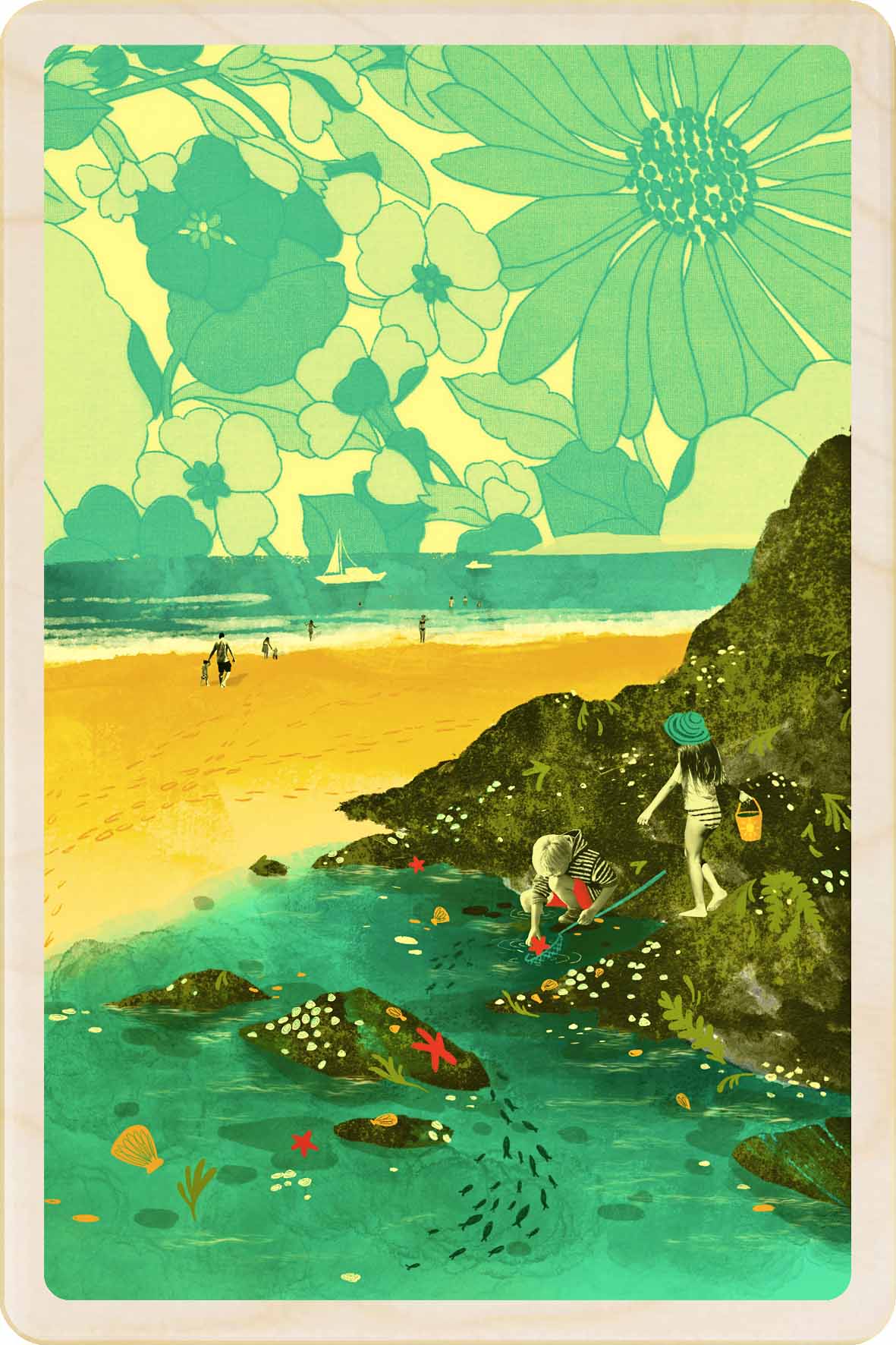 Rockpooling Wooden Postcard, illustration by Emy Lou Holmes, printed in Suffolk on sustainably sourced wood. Eco-friendly card you can send, gift, or display.