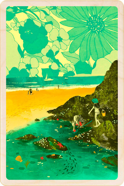 Rockpooling Wooden Postcard, illustration by Emy Lou Holmes, printed in Suffolk on sustainably sourced wood. Eco-friendly card you can send, gift, or display.