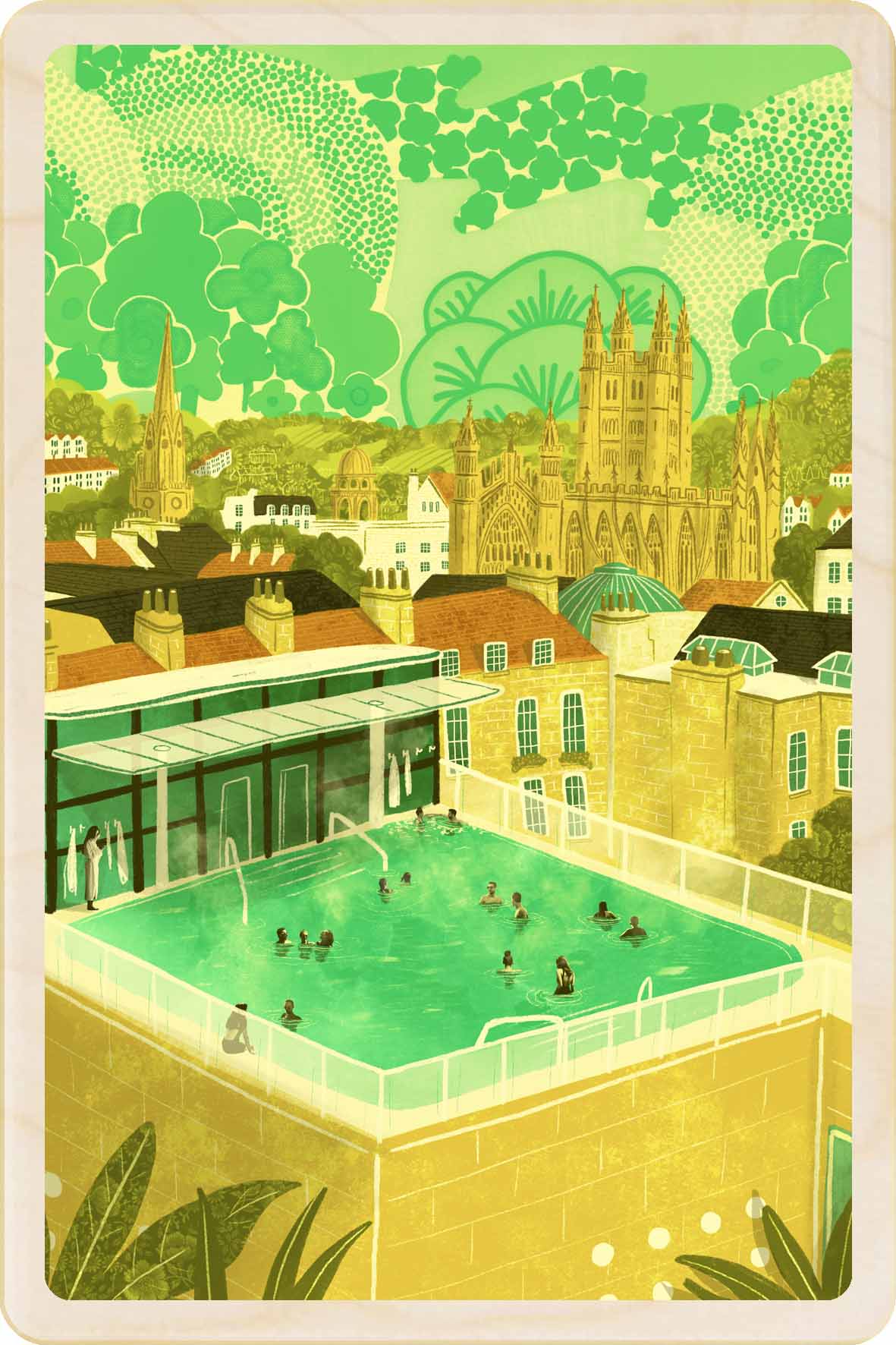 Thermae Spa, Bath, Somerset Wooden Postcard, illustration by Emy Lou Holmes, printed in Suffolk on sustainably sourced wood. Eco-friendly card you can send, gift, or display.