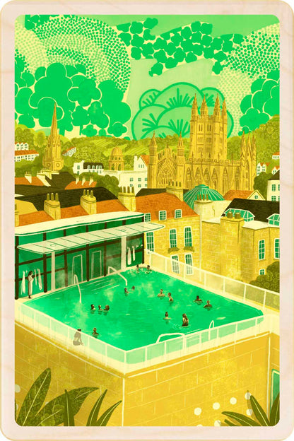 Thermae Spa, Bath, Somerset Wooden Postcard, illustration by Emy Lou Holmes, printed in Suffolk on sustainably sourced wood. Eco-friendly card you can send, gift, or display.