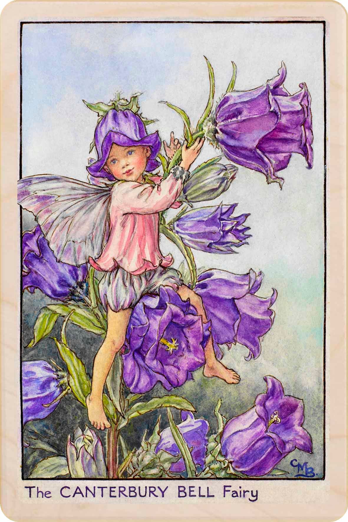 Canterbury Bell Fairy by Cicely Mary Barker. Printed with vibrant colour and fine detail. Made to send, keep, or collect. Handmade in the UK since 2012.
