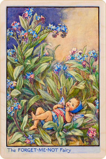 Forget Me Not Fairy by Cicely Mary Barker. Printed with vibrant colour and fine detail. Made to send, keep, or collect. Handmade in the UK since 2012.